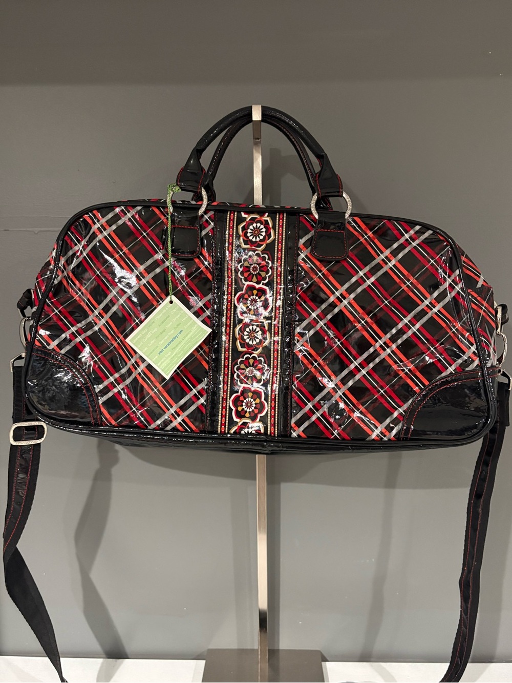 Vera Bradley Black and Red Plaid Travel Duffel with Floral Trim-Laminated